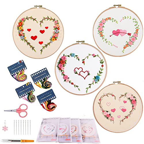 Stickset für Anfänger, 4 Sets Stickerei-Starter-Sets für Liebhaber mit Herzmustern, Kreuzstich-Kits, Bambus-Stickrahmen, Farbfäden und Werkzeug-Anleitung für Heimdekoration von VINTAGE EMBROIDERY V.E.