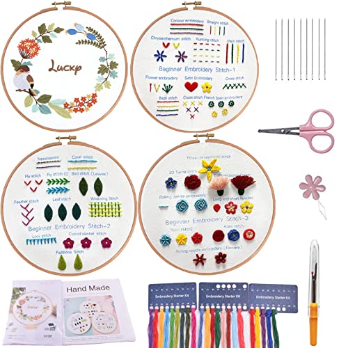 Anfänger Stickerei-Kit, 4-Sätze Erwachsener Stickerei-Kit zu lernen 30 verschiedene Stiche für Handwerk Liebhaber, Kreuzstich-Set mit Farbfäden und Werkzeugen von VINTAGE EMBROIDERY V.E.