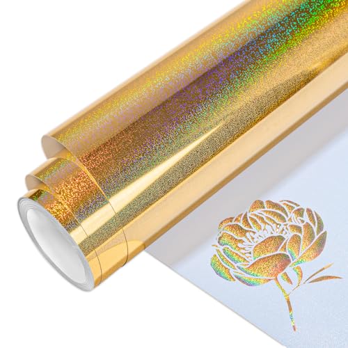 VINYL FROG Metallic-Folie, HTV-Vinyl-Rolle, 30,5 x 1,5 m, goldfarbener Glitzer, holografisches Wärmetransfer-Vinyl, zum Aufbügeln, einfach zu schneiden und zu jäten, DIY-Heißpress-Design für T-Shirts von VINYL FROG