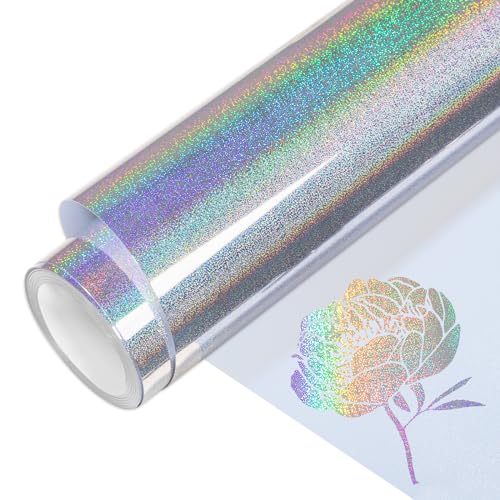 VINYL FROG Metallic-Folie, HTV-Vinyl-Rolle, 30,5 x 1,5 m, silberfarbener Glitzer, holografisches Wärmetransfer-Vinyl, zum Aufbügeln, einfach zu schneiden und zu jäten, DIY-Heißpress-Design für von VINYL FROG