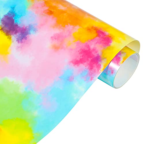 VINYL FROG Rainbow HTV Vinyl Tie-Dye Wärmetransfer-Vinyl, 25 cm x 1,55 m, Vinyl-Rolle für selbstgemachte T-Shirts, Stoff und Kleidungsstücke, blau-gelbes Aquarell-Wolken, gemustertes Vinyl von VINYL FROG