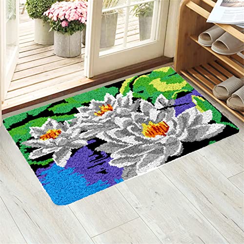 VIONNPPT 3D Blumen Muster Knüpfteppich Zum Selber Knüpfen Knüpfset, DIY Tapisserie Set für Erwachsene Kinder Anfänger, Kreatives Teppich Geschenk (Weiß Lotus,60cmx40cm) von VIONNPPT