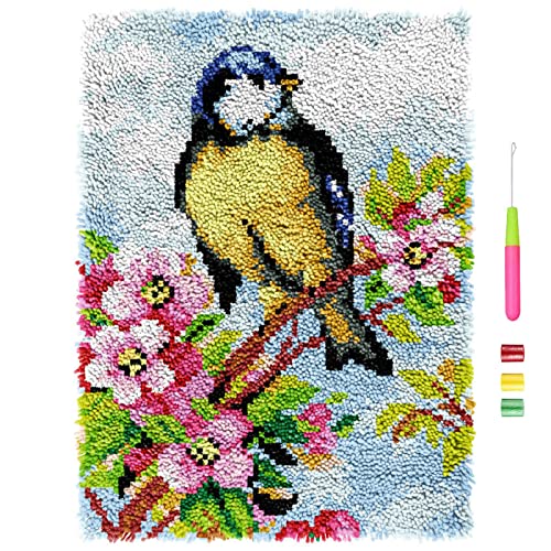 VIONNPPT Blumen Vögel Serie Knüpfteppich Zum Selber Knüpfen DIY Stickkissen Teppich, Unfinished Häkelteppich Set mit Vordruck, Latch Hook Kits für Kinder Erwachsene,60x40cm (Blau) von VIONNPPT