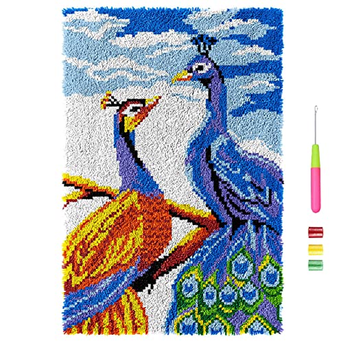 VIONNPPT Blumen Vögel Serie Knüpfteppich Zum Selber Knüpfen DIY Stickkissen Teppich, Unfinished Häkelteppich Set mit Vordruck, Latch Hook Kits für Kinder Erwachsene,60x40cm (Pfau) von VIONNPPT