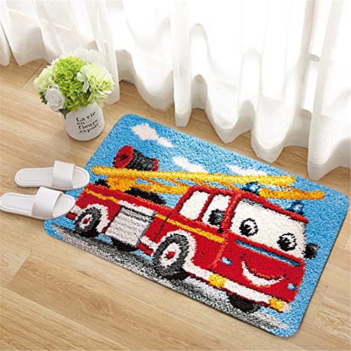 VIONNPPT Cartoon Auto Muster Knüpfteppich Zum Selber Knüpfen Knüpfset, Latch Hook Kit Selbst Teppich Set, 3D Kreatives Geschenk Tapisserie Für Erwachsene Kinder (Fire Truck,50cmx38cm) von VIONNPPT