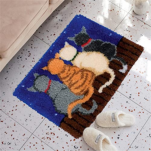 VIONNPPT DIY Home Dekoration 3D Wandteppiche Zum Selber Knüpfen, Garn Stickkissen Teppich, Knüpfteppich Kits für Kinder Erwachsene Geschenk, 50cmx38cm (Blau Vier Katzen) von VIONNPPT