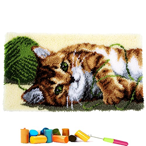 VIONNPPT DUBENS Süße Cartoon-Tiere Serie Knüpfteppich für Kinder und Erwachsene, 60x40cm Latch Hook Kits Knüpfpackung mit Vordruck,Knüpfen Teppich für Home Decor (Katze,60cmx40cm) von VIONNPPT