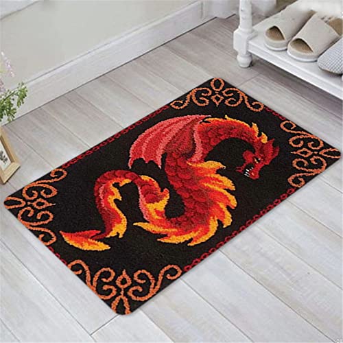 VIONNPPT Drache Serie Knüpfteppich Set Teppiche Knüpfen Kreuzstich Set für Kinder und Erwachsene, DIY Handgefertigt Knüpfset Latch Hook Rug Making Kit (Rot,50cmx38cm) von VIONNPPT