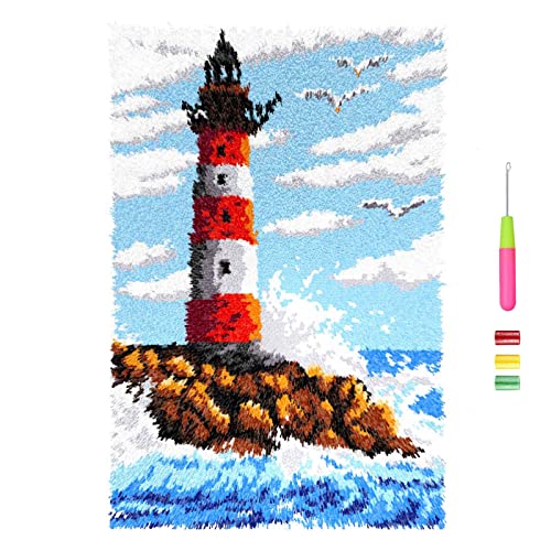 VIONNPPT Leuchtturm am Meer Muster Knüpfteppich Zum Selber Knüpfen, DIY Unfinished Häkelteppich Set mit Vordruck,3D Teppich Knüpfen Set für Erwachsene Kinder 60x40cm (Blau) von VIONNPPT