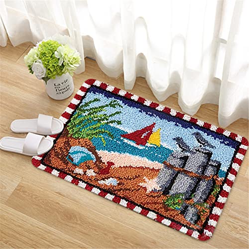 VIONNPPT Meer Serie Knüpfteppich Zum Selber Knüpfen, DIY Garn Stickkissen Teppich, Knüpfteppich Kits für Kinder und Erwachsene, Kreativ Geschenk (Strand Segeln,50cmx38cm) von VIONNPPT