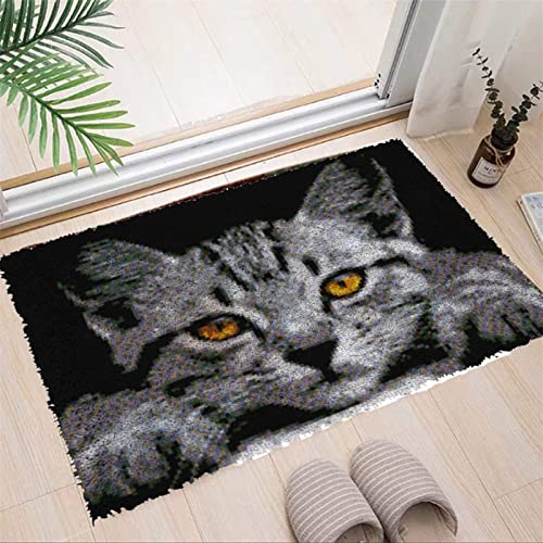 VIONNPPT Süße Katze Knüpfteppich Zum Selber Knüpfen DIY Stickkissen Teppich, Unfinished Häkelteppich Set mit Vordruck, Latch Hook Kits für Kinder und Erwachsene (Grau Katze,60cmx40cm) von VIONNPPT