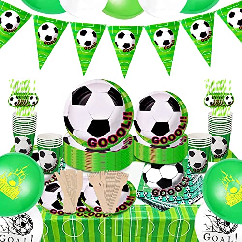VIPNAJI Fussball Geburtstag Partygeschirr Banner, Einschließlich Pappteller, Pappbecher, Servietten, Tischdecke, Banner, Luftballons, Kindergeburtstag Partyzubehör Fußball Party Dekoration(20 Gäste) von VIPNAJI