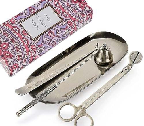 VISIKOM 4 in 1 Kerzendocht Trimmer Set Kerzenlöscher Kerzenzubehör Set mit Tablett Bronze Kerzenpflege Werkzeug Kit Kerzendocht Cutter Geburtstagsgeschenk für Kerzenliebhaber Geschenke für Frauen von VISIKOM