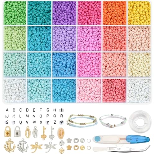 8000 Stück Perlen-Kit, 3mm Kunststoff-Perlen Handwerk Bulk-Armband Schmuck machen für Freundschaftsarmband Perlen Taille Perlen, Freundschaftsarmband Kit mit Brief Perlen, Perlen für Armbänder (B) von VISIOLEX