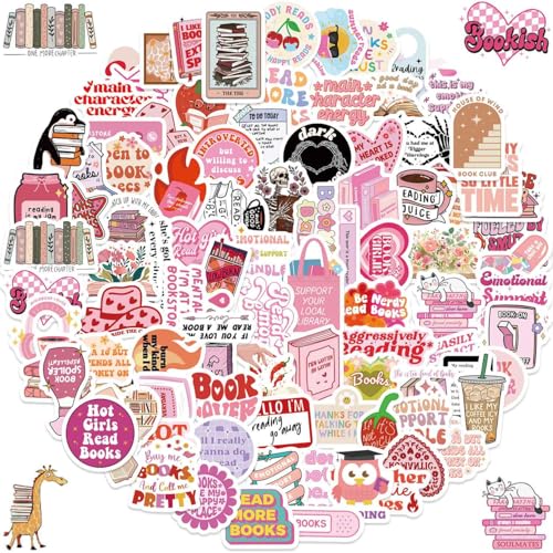 100 Stück Bookish Sticker, Buch Aufkleber Wasserfeste Kawaii Rosa Bücher Lesen Aesthetic Sticker für Skateboard Kindle Laptop Scrapbook, Vinyl Aufkleber für Erwachsene und Jugendliche von VISLANTE