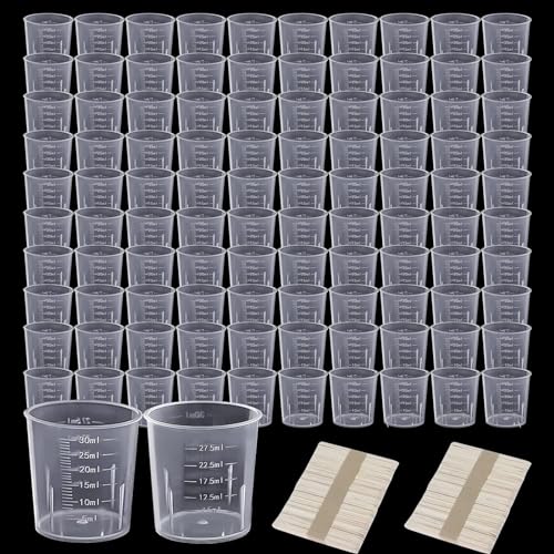 VISTYL 100 Stücke 30 ml Mischbecher, Messbecher-Set + 100 Stock, Mit Skala Messbecher Kunststoff, für Mischen Farbe labor Epoxidharz Kochen und Malerei Zubehör(30ml) von VISTYL