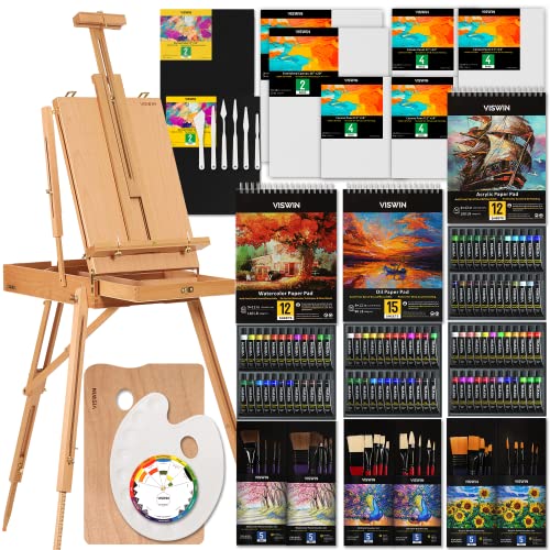 VISWIN Alles in einem Künstlermalset, 147-teiliges professionelles Malset mit Kofferstaffelei, 96 Öl-, Aquarell- und Acrylfarben-Set, Leinwand, Pinsel, Palette, Malset für Erwachsene von VISWIN