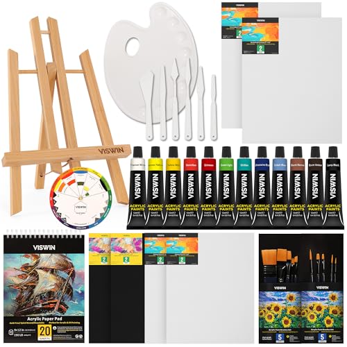 VISWIN 50-teiliges Acrylfarben-Set mit Holzstaffelei, Acrylmalset mit 12 Acrylfarben, Gespannter Leinwand, Tafeln, Pinseln, Palette, Malset für Erwachsene, Anfänger, Künstler von VISWIN