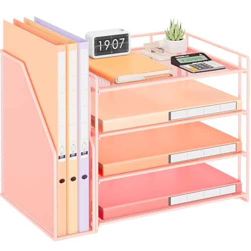 VITVITI Schreibtisch Organizer mit Aktenhalter,4 Tier Briefablage Ablagefächer Stapelbar mit 2 Stifte Halter and Schubladen,Papierablage,Büro,Zeitschriftensammler,Dokumentenablage (File Rosa) von VITVITI