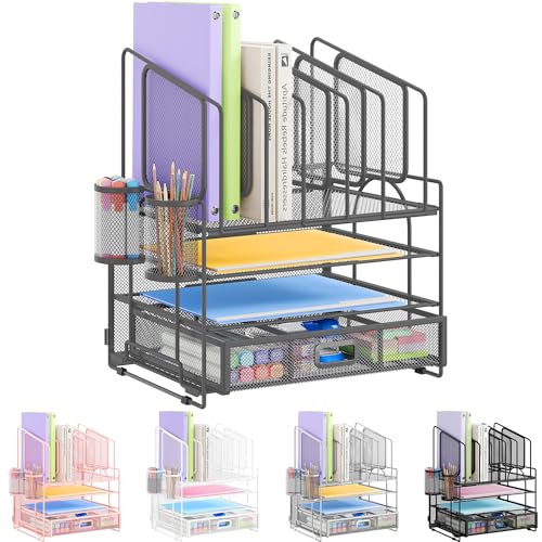 VITVITI Schreibtisch Organizer mit Aktenhalter,4 Tier Briefablage Ablagefächer Stapelbar mit 2 Stifte Halter and Schubladen,Papierablage,Büro,Zeitschriftensammler,Dokumentenablage (Top Grau) von VITVITI