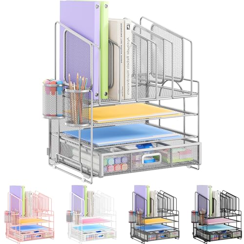 VITVITI Schreibtisch Organizer mit Aktenhalter,4 Tier Briefablage Ablagefächer Stapelbar mit 2 Stifte Halter and Schubladen,Papierablage,Büro,Zeitschriftensammler,Dokumentenablage (Top Silber) von VITVITI