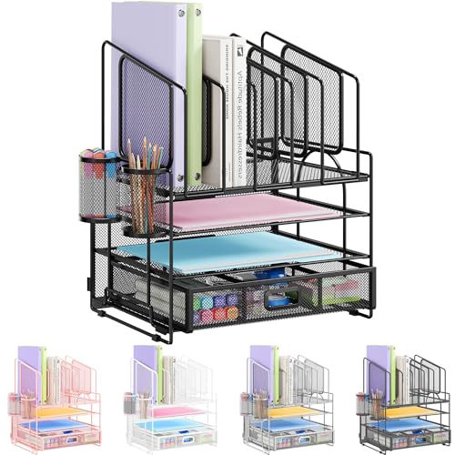 VITVITI Schreibtisch Organizer mit Aktenhalter,4 Tier Briefablage Ablagefächer Stapelbar mit 2 Stifte Halter and Schubladen,Papierablage,Büro,Zeitschriftensammler,Dokumentenablage (Top Schwarz) von VITVITI