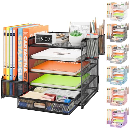 VITVITI Schreibtisch Organizer mit Aktenhalter Schublade,5 Tier Metall Schreibtisch Organizer Briefablage Ablagefächer mit 2 Stifthalter Stapelbar Büro Organizer Papier Dokumentenablage Desk Organiser von VITVITI