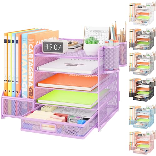 VITVITI Schreibtisch Organizer mit Aktenhalter Schublade,5 Tier Metall Schreibtisch Organizer Briefablage Ablagefächer mit 2 Stifthalter Stapelbar Büro Organizer Papier Dokumentenablage Desk Organiser von VITVITI