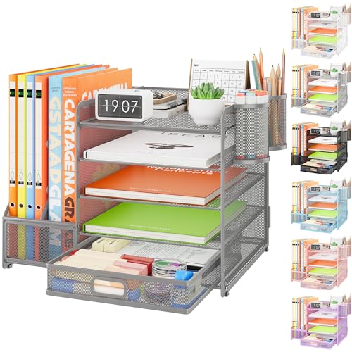 VITVITI Schreibtisch Organizer mit Aktenhalter Schublade,5 Tier Metall Schreibtisch Organizer Briefablage Ablagefächer mit 2 Stifthalter Stapelbar Büro Organizer Papier Dokumentenablage Desk Organiser von VITVITI