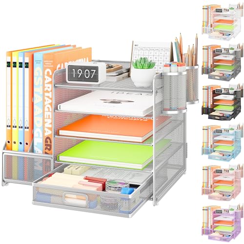 VITVITI Schreibtisch Organizer mit Aktenhalter Schublade,5 Tier Metall Schreibtisch Organizer Briefablage Ablagefächer mit 2 Stifthalter Stapelbar Büro Organizer Papier Dokumentenablage Desk Organiser von VITVITI