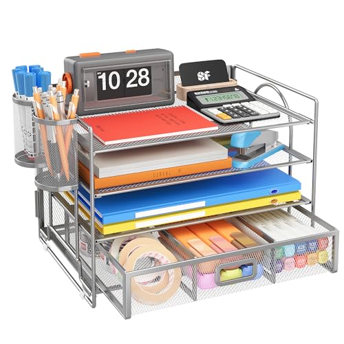 VITVITI Schreibtisch Organizer mit Aktenhalter,4 Tier Briefablage Ablagefächer Stapelbar mit 2 Stifte Halter and Schubladen,Papierablage,Büro,Zeitschriftensammler,Dokumentenablage (Silber) von VITVITI