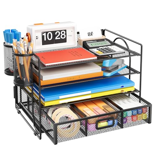 VITVITI Schreibtisch Organizer mit Aktenhalter,4 Tier Briefablage Ablagefächer Stapelbar mit 2 Stifte Halter and Schubladen,Papierablage,Büro,Zeitschriftensammler,Dokumentenablage (Schwarz) von VITVITI