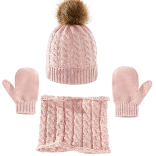 VIVAZYTGH 3 Teile/Satz Kind Winter Hut Schal Fäustlinge Set Kleinkind Gestrickte Mädchen Kinder Hals Wärmer Jungen Wolle Outdoor Warme Handschuhe(Light Pink) von VIVAZYTGH