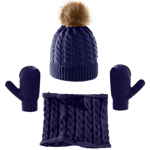 VIVAZYTGH 3 Teile/Satz Kind Winter Hut Schal Fäustlinge Set Kleinkind Gestrickte Mädchen Kinder Hals Wärmer Jungen Wolle Outdoor Warme Handschuhe(Navy Blue) von VIVAZYTGH