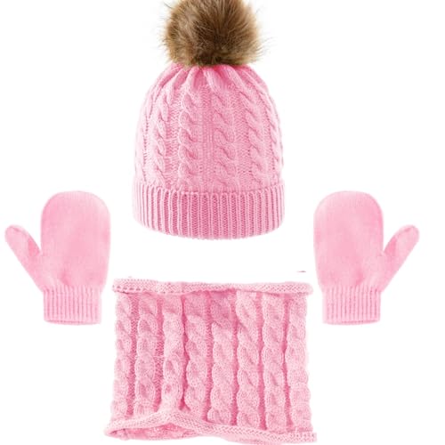 VIVAZYTGH 3 Teile/Satz Kind Winter Hut Schal Fäustlinge Set Kleinkind Gestrickte Mädchen Kinder Hals Wärmer Jungen Wolle Outdoor Warme Handschuhe(Pink) von VIVAZYTGH