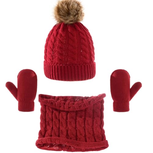 VIVAZYTGH 3 Teile/Satz Kind Winter Hut Schal Fäustlinge Set Kleinkind Gestrickte Mädchen Kinder Hals Wärmer Jungen Wolle Outdoor Warme Handschuhe(Red) von VIVAZYTGH