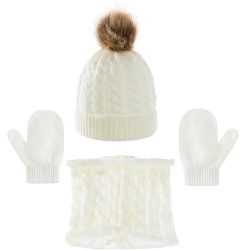 VIVAZYTGH 3 Teile/Satz Kind Winter Hut Schal Fäustlinge Set Kleinkind Gestrickte Mädchen Kinder Hals Wärmer Jungen Wolle Outdoor Warme Handschuhe(White) von VIVAZYTGH