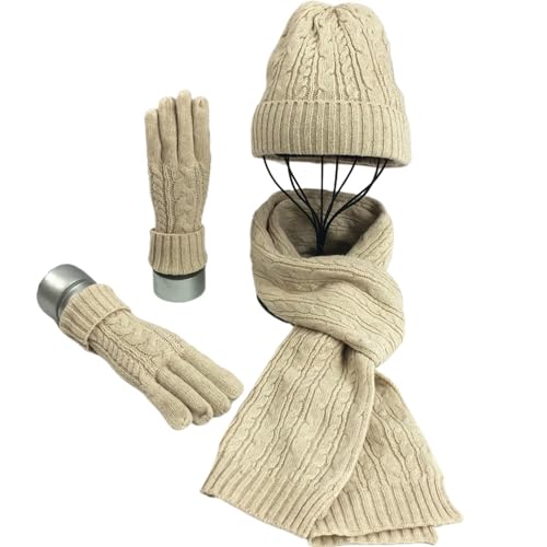 VIVAZYTGH Herbst Winter Frauen Wolle Hut Schal Handschuhe 3 stücke Set Frauen Outdoor Fashion Wolle Gestrickte Hüte Schal Hals Wärmer Handschuhe(Beige) von VIVAZYTGH