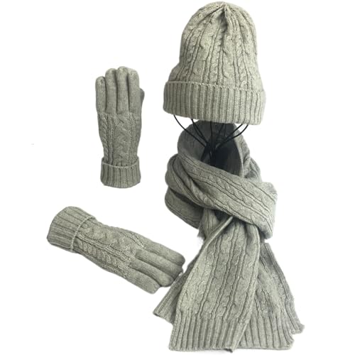 VIVAZYTGH Herbst Winter Frauen Wolle Hut Schal Handschuhe 3 stücke Set Frauen Outdoor Fashion Wolle Gestrickte Hüte Schal Hals Wärmer Handschuhe(Light Gray) von VIVAZYTGH