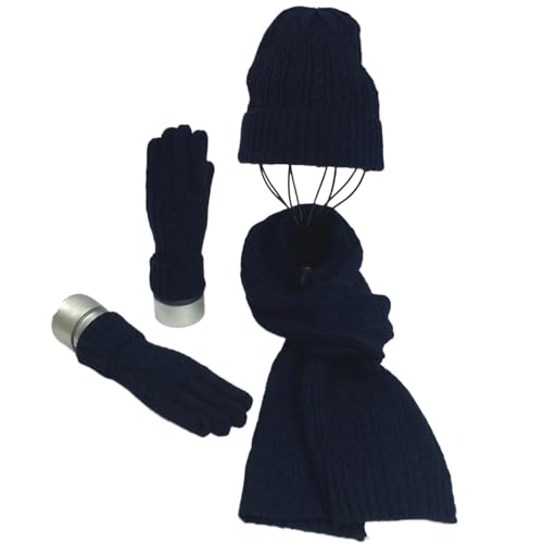 VIVAZYTGH Herbst Winter Frauen Wolle Hut Schal Handschuhe 3 stücke Set Frauen Outdoor Fashion Wolle Gestrickte Hüte Schal Hals Wärmer Handschuhe(Navy) von VIVAZYTGH