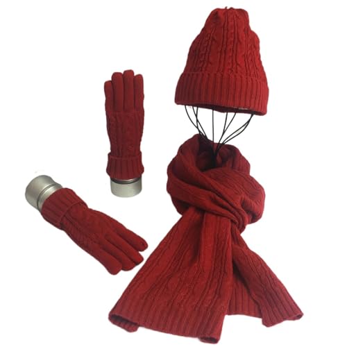 VIVAZYTGH Herbst Winter Frauen Wolle Hut Schal Handschuhe 3 stücke Set Frauen Outdoor Fashion Wolle Gestrickte Hüte Schal Hals Wärmer Handschuhe(Red) von VIVAZYTGH