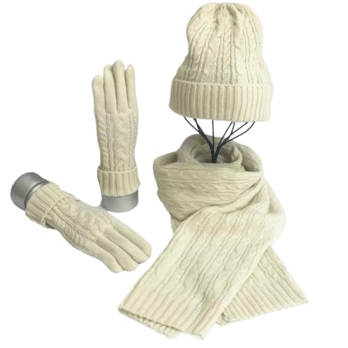 VIVAZYTGH Herbst Winter Frauen Wolle Hut Schal Handschuhe 3 stücke Set Frauen Outdoor Fashion Wolle Gestrickte Hüte Schal Hals Wärmer Handschuhe(White) von VIVAZYTGH