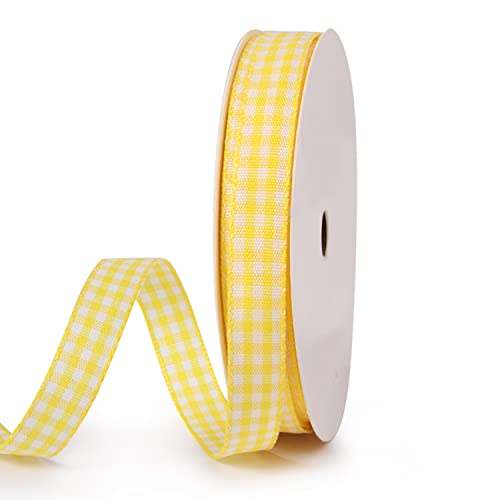 VIVIQUEN Gingham-Band, kariertes Band, Taftband, kariert, für Picknicks, Bastelarbeiten, 100 % Polyester, zum Nähen, als Geschenk, für Bastelarbeiten, Hochzeitsdekoration, Kränze, 22 m, Gelb von VIVIQUEN