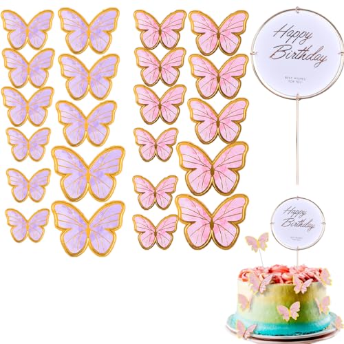 23 Stück Schmetterlings-Kuchendekorationen, mit Happy Birthday-Kuchenaufsätzen, für Babyparty, Hochzeit, Geburtstag, Party-Dekoration (lila und rosa) von VJUYSW