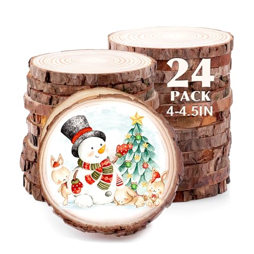 24 Stück unlackierte Naturholzscheiben zum Basteln, 10,2 - 11,4 cm, Holzkreise mit Baumrinde für Weihnachtsschmuck, DIY-Geschenke, Holzuntersetzer. Malen. von VKIZA