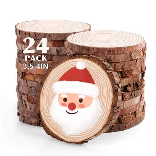 24 Stück unlackierte Naturholzscheiben zum Basteln, 8,9 - 10,2 cm, runde Holzkreise mit Baumrinde für Weihnachtsschmuck, DIY-Geschenke, Holzuntersetzer. Malen. von VKIZA