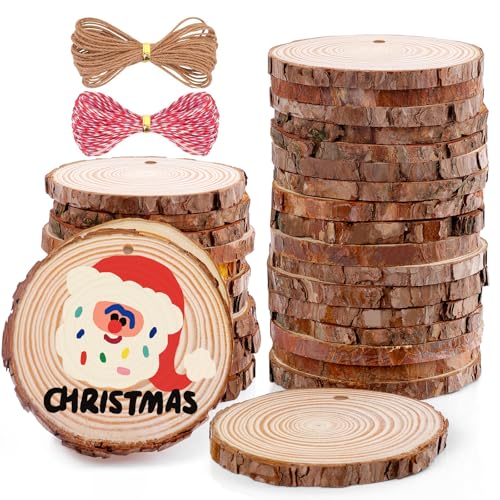 30 Stück Holzscheiben zum Basteln, 6,1 - 7,1 cm, unlackiertes Naturholz mit Baumrinde. Holzkreise vorgebohrt mit Loch und 20 m Seil für Tafelaufsatz, Tischdekoration, Weihnachtsschmuck, DIY-Geschenke von VKIZA