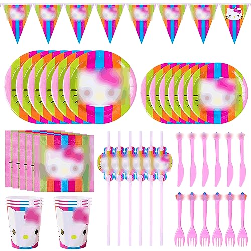 Cartoon Cat Partygeschirr, 47 Stück Cartoon Cat Geburtstag Geschirr Kit, Cartoon Cat Deko Gebutstag Geschirr Kit Dessert Teller Servietten Tassen Tischdecke, Kindergeburtstag Tischdeko (6 Gäste) von VMOTA