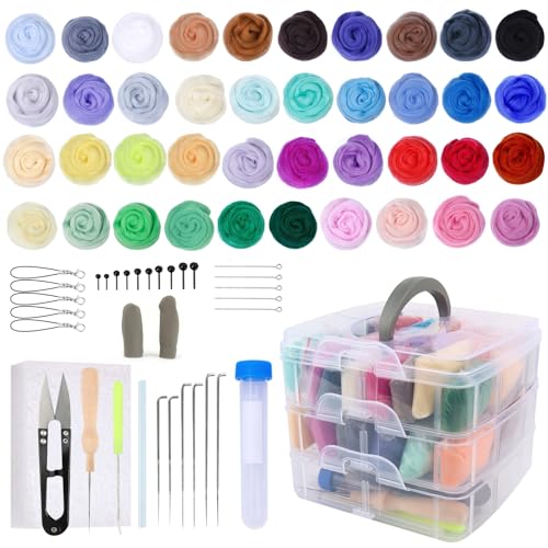 VMUTGA 40 Farben Nadelfilz Set, 72 Stück Filzwolle Nadelfilzen Starter Kit mit Filznadeln Filzwerkzeugen Zubehör und Aufbewahrungsbox für Anfänger Filzwolle Nassfilzen Trockenfilzen DIY Handwerk von VMUTGA