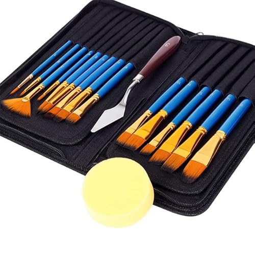 VNABO Exquisites Pinsel-Set, Nylon, für Künstler, Schwamme, Aufbewahrungskoffer, Detailpinsel, Aquarell-Palette, Ölmalpinsel, 15-teilig von VNABO